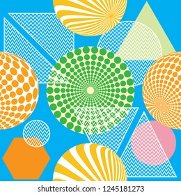 Geometric seamless pattern with spheres and geometrical figures. Trendy memphis style background