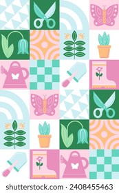 Geometric seamless pattern. Spring or summer. Seasonal gardening, flowers, tools, geometric shapes.Spring or summer.Vector pattern of squares.