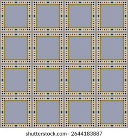 Geometric seamless pattern of square tile design with decor dotted and rectangular motifs. Concept of retro, muted tone, dusty blue, mustard, brick red, vintage for wallpaper, textiles, background.