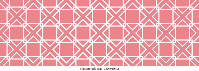 Geometric seamless pattern. Square white design on long pink background. Vector illustration