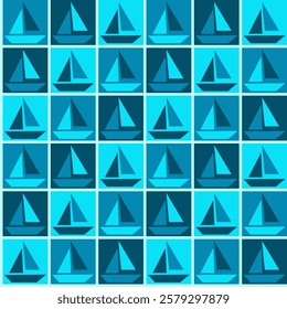 Geometric seamless pattern, squared with repeat sailboat silhouette, suitable for children 