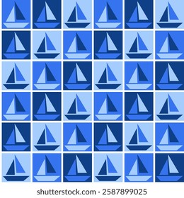 Geometric seamless pattern, squared with sailboat silhouette, suitable for children 