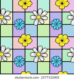 Geometric seamless pattern, squared with simple daisy flower, black outlines 