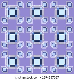 Geometric seamless pattern of squares in blue tones, on a lilac background. Great for decorating fabrics, textiles, gift wrapping design, any printed materials, advertising, or other design.