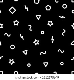 Geometric seamless pattern with squares, circles, stars and strokes. Vector illustration.