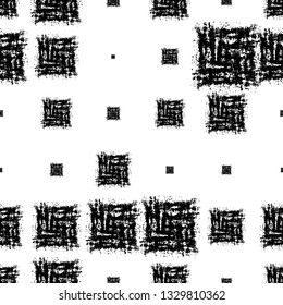 Geometric Seamless Pattern with Squares. Distressed Fabric Print with African Motif. Cloth Pattern with Scattered Messy Squares. Vintage Rusty Check Textile Design.