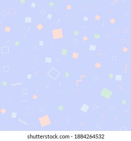 Geometric seamless pattern. Squares, triangles and wavy lines on a blue background. Abstract illustration in trending style for textiles and design. Vector image. Flat style.