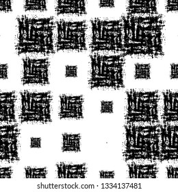 Geometric Seamless Pattern with Squares. Vintage African Print Design. Cloth Pattern with Scattered Messy Squares. Ethnic Distressed Fabric Print.