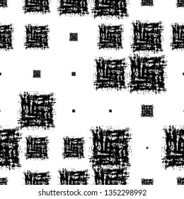 Geometric Seamless Pattern with Squares. Vintage African Print Design. Black And White Texture with Grungy Squares. Vintage Rusty Check Textile Design.