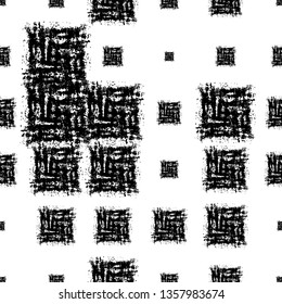 Geometric Seamless Pattern with Squares. Vintage African Print Design. Black And White Texture with Grungy Squares. Cracked African Textile Design.