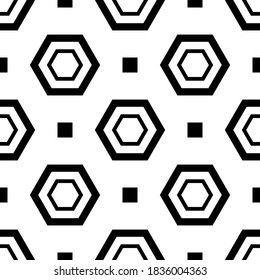 Geometric seamless pattern with staggered hexagons and squares. Black shapes on white background. Square illustration
