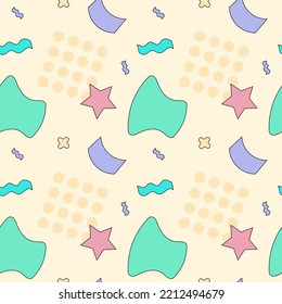 Patrón geométrico sin fisuras con estrellas, círculos, formas. Plantilla vectorial de estilo Memphis. Ilustración de arte pop retro.