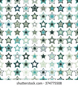 Geometric seamless pattern. The stars of different sizes and colors arranged on white background.
