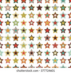 Geometric seamless pattern. The stars of different sizes and colors arranged on white background.