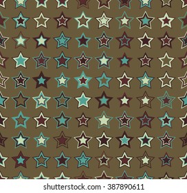 Geometric seamless pattern. The stars of different sizes and colors arranged on green background.