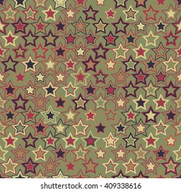 Geometric seamless pattern. The stars of different sizes and colors arranged on green background.