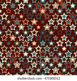 Geometric seamless pattern. The stars of different colors. The elements are arranged on a dark red background.