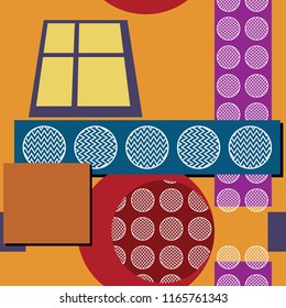 Geometric seamless pattern with striped and circles. Trendy memphis style background
