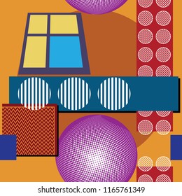 Geometric seamless pattern with striped and circles. Trendy memphis style background