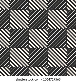 Geometric seamless pattern with stripes, diagonal lines, squares. Vector abstract checkered texture. Stylish black and white background. Repeat design for decor, fabric, carpet, textile, furniture