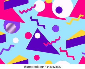 Geometric seamless pattern style of the 80s. Triangles, circles and points. Background for wrapping paper, print, fabric and printing. Vector illustration
