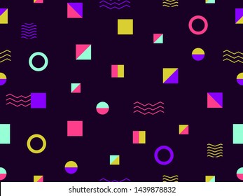 Geometric seamless pattern style of the 80s. Triangles, circles and points. Background for wrapping paper, print, fabric and printing. Vector illustration
