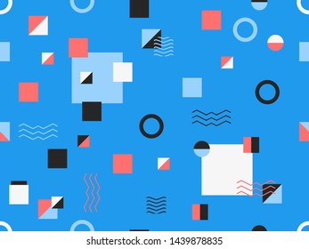 Geometric seamless pattern style of the 80s. Triangles, circles and points. Background for wrapping paper, print, fabric and printing. Vector illustration
