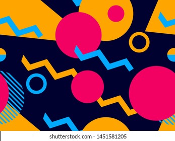 Geometric seamless pattern style of the 80s. Triangles, circles and points. Background for wrapping paper, print, fabric and printing. Vector illustration