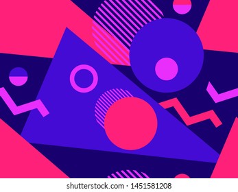 Geometric seamless pattern style of the 80s. Triangles, circles and points. Background for wrapping paper, print, fabric and printing. Vector illustration