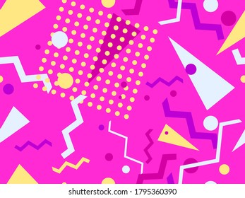 Patrón geométrico sin fisuras al estilo de los años 80. Zigzags y triángulos, puntos al estilo del arte pop. Antecedentes para productos promocionales, papel envolvente e impresión. Ilustración del vector