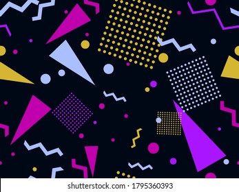 Patrón geométrico sin fisuras al estilo de los años 80. Zigzags y triángulos, puntos al estilo del arte pop. Antecedentes para productos promocionales, papel envolvente e impresión. Ilustración del vector