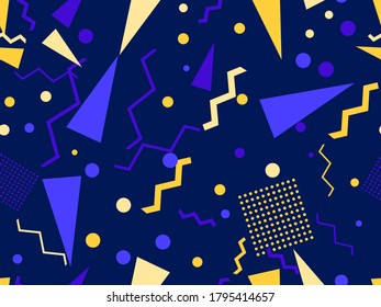 Geometric seamless pattern in style of the 80s. Zigzags and triangles, dots in pop art style. Background for promotional products, wrapping paper and printing. Vector illustration