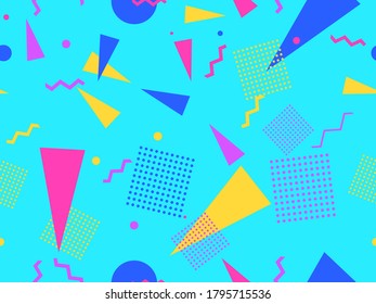 Geometric seamless pattern in style of the 80s. Zigzags and triangles, dots in pop art style. Background for promotional products, wrapping paper and printing. Vector illustration