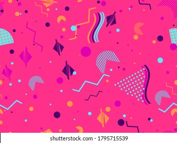 Patrón geométrico sin fisuras al estilo de los años 80. Zigzags y triángulos, puntos al estilo del arte pop. Antecedentes para productos promocionales, papel envolvente e impresión. Ilustración del vector