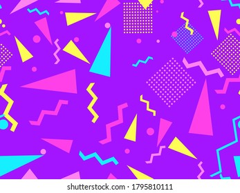 Geometric seamless pattern in style of the 80s. Zigzags and triangles, dots in pop art style. Background for promotional products, wrapping paper and printing. Vector illustration