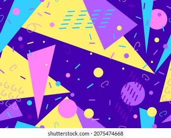 Geometric seamless pattern in the style of the 80s. Memphis style elements. Colorful abstract background for printing, wrapping paper and promotional items. Vector illustration