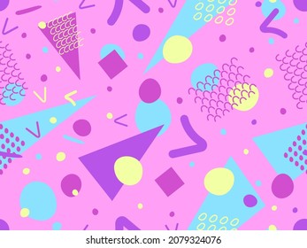 Geometric seamless pattern in the style of the 80s. Memphis style elements. Colorful abstract background for printing, wrapping paper and promotional items. Vector illustration