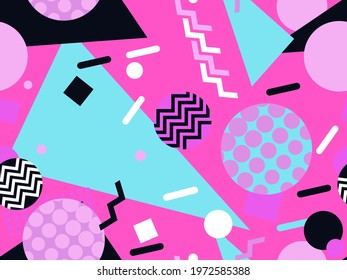 Geometric seamless pattern in the style of memphis from the 80s. Circles with zigzags and geometric shapes. Background for wrapping paper, advertising materials and fabrics. Vector illustration