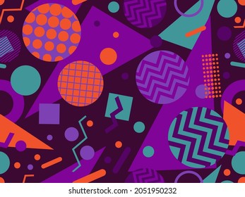 Geometric seamless pattern in the style of memphis from the 80s. Circles with zigzags and geometric shapes. Background for wrapping paper, advertising materials and fabrics. Vector illustration