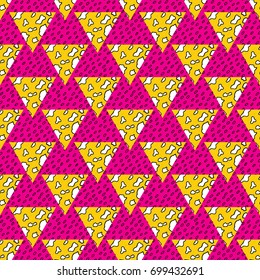 Geometric seamless pattern. The style of Memphis. Colorful beautiful elements: triangles, in the style of different scraps, the patchwork.