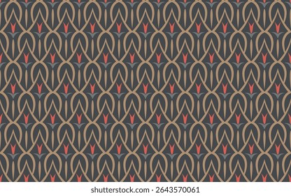 Padrão geométrico sem emenda com motivo floral estilizado. Fundo escuro e elegante em damasco clássico ou estilo Art Nouveau para têxteis, papel de parede ou artigos de papelaria.