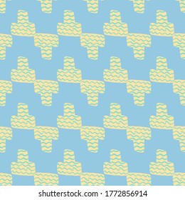 Geometric seamless pattern with T symbol shapes on blue background. Decorative backdrop for fabric design, textile print, wrapping, cover. Vector illustration.