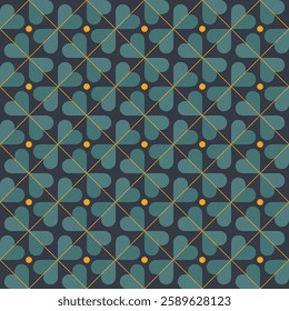 Geometric seamless pattern with teal heart shaped clovers on dark background. Gold diagonal line form diamond with small orange dot. Modern design pattern for textiles, wallpapers. Vector Illustration