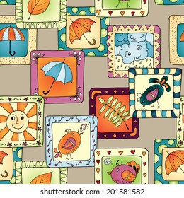 Geometric seamless pattern. Template frame design for card with set of doodle  sun, cloud, umbrella, leaves and birds in rectangle frames. Colored version.
