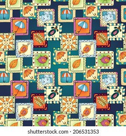 Geometric seamless pattern. Template frame design for card with set of doodle  sun, cloud, umbrella, leaves and birds in rectangle frames. Colored version.