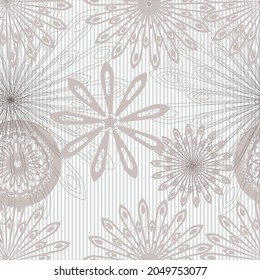 Geometric seamless pattern for textiles, decorative circles, mandalas, beige colors.