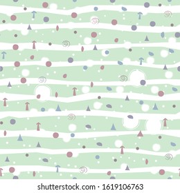 Geometric Seamless Pattern with tiny objects like triangles, polygons, arrows and balls on black. Modern Pastel Color Design. Repeating Pattern. Vector Illustration