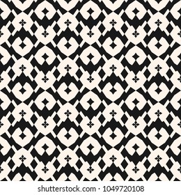 Geometric seamless pattern in traditional style. Tribal ethnic motif. Black and white abstract ornament with crossing lines, floral shapes, grid, mesh, lattice. Repeat monochrome texture. Stock vector