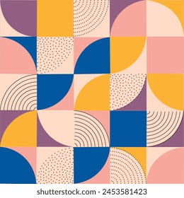 Geometric seamless pattern with trendy elements in a semicircle with lines and dots on a beige blue soft pink background. Vector