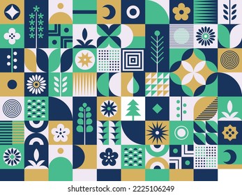 Geometric seamless pattern. Trendy floral design. Mosaic background. Neo geo art. Modern decorative banner. Vector illustration. Geometrical shapes. Abstract patterns. Swiss style. Flowers wallpaper.